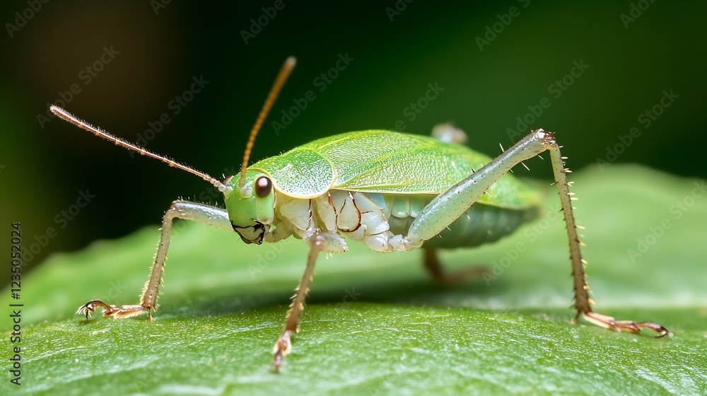Poster green shield bug closeup on leaf with detailed natural composition : generative ai