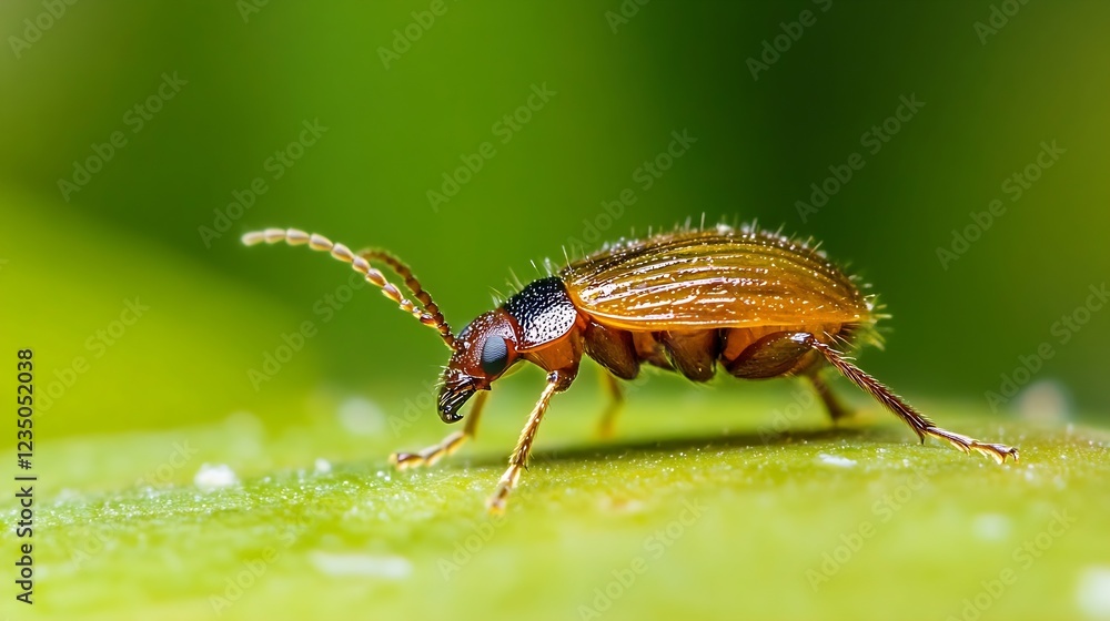Poster macro closeup of a beetle on leaf with dewy background vibrant insect photography : generative ai