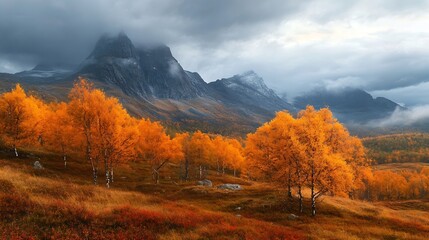 Fototapeta premium Majestic Autumn Mountain Landscape with Dramatic Sky and Vibrant Birch Trees : Generative AI