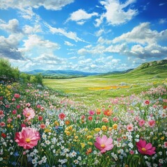 Fototapeta premium Vibrant wildflower field under a bright blue sky with fluffy clouds and distant mountains during a sunny day. Generative AI