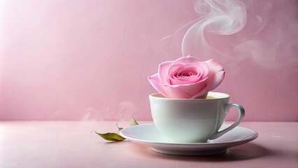 Fototapeta premium A delicate pink rose blooms inside a white teacup, steam rising from the rim, creating a serene and romantic scene.