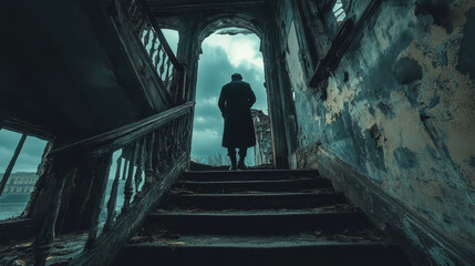 Mysterious figure standing at the top of an abandoned staircase in a decaying building under a cloudy sky