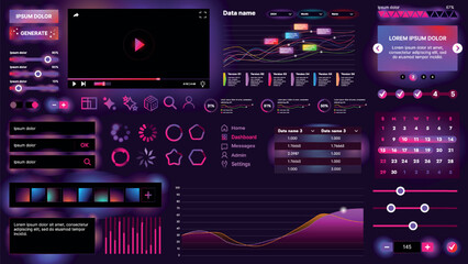 Set of UI elements for AI: buttons, panels, sliders, icons and other components. Futuristic cyber design in neon colors is perfect for apps, websites and dashboards.