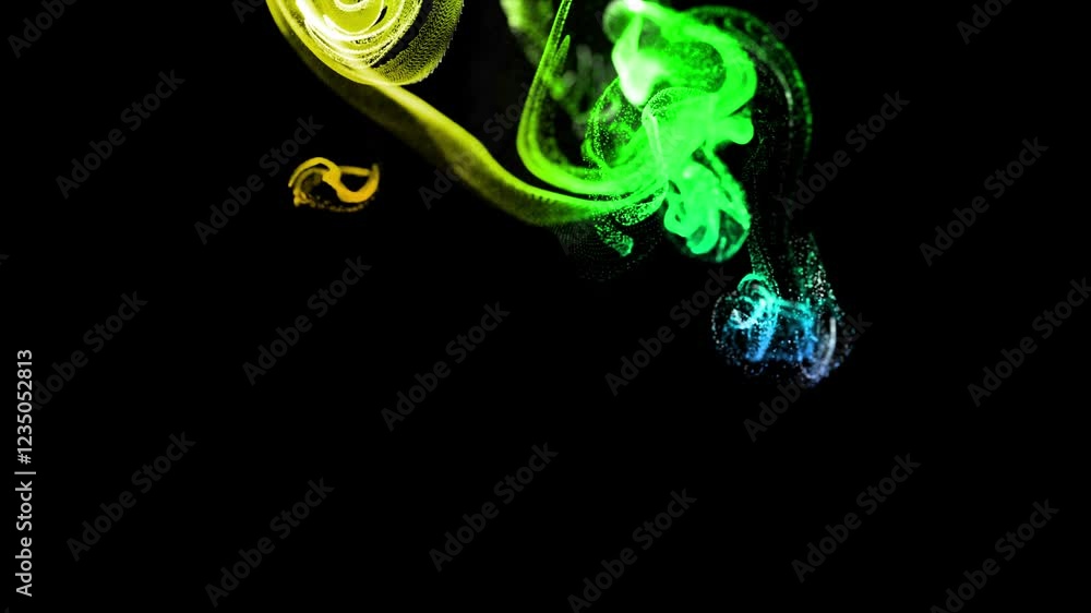 Poster beautiful effect of glow multicolored particles in liquid stream, like effect ink dissolve in water.