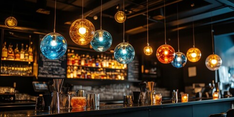 Stylish bar interior featuring colorful pendant lights and a well-stocked back bar, ideal for promoting nightlife and dining experiences.