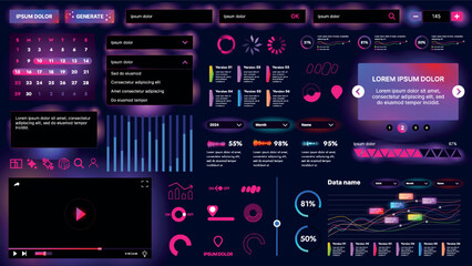 Set of UI elements for AI: buttons, panels, sliders, icons and other components. Futuristic cyber design in neon colors is perfect for apps, websites and dashboards.