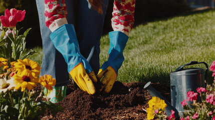 Fototapeta premium Gardener prepares soil while planting flowers in a vibrant garden on a sunny day