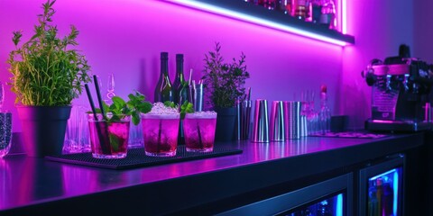 Vibrant bar scene featuring colorful cocktails, perfect for nightlife promotions, beverage advertisements, or event marketing.