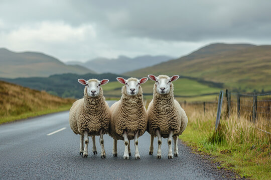 Sheep stand on the side of an empty road