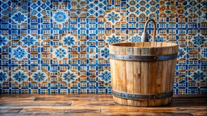 Naklejka premium A wooden bucket with a metal band sits on a wooden floor in front of a colorful tiled wall.