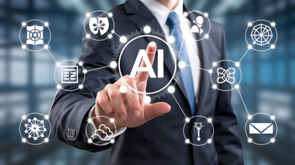 Businessman's hand pressing a virtual button on a digital screen, illustrating future technology and network connection