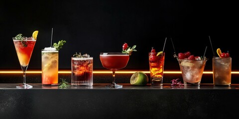 Collection of colorful cocktails on a dark background, ideal for bar menus, promotional materials, and social media marketing.