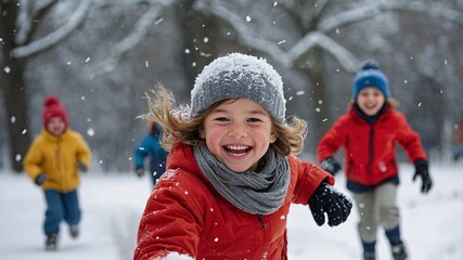 Joyful children play in the winter snow, laughing and running with delight amidst a snowy landscape filled with trees