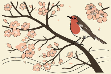 Vintage Japanese painting, red-breasted bird perched on cherry blossom branch, soft pink flowers, beige background, delicate brushstrokes, nature illustration, botanical art, tranquil atmosphere, spri
