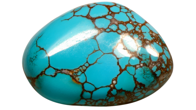 Polished turquoise gemstone showing brown veins on transparent background