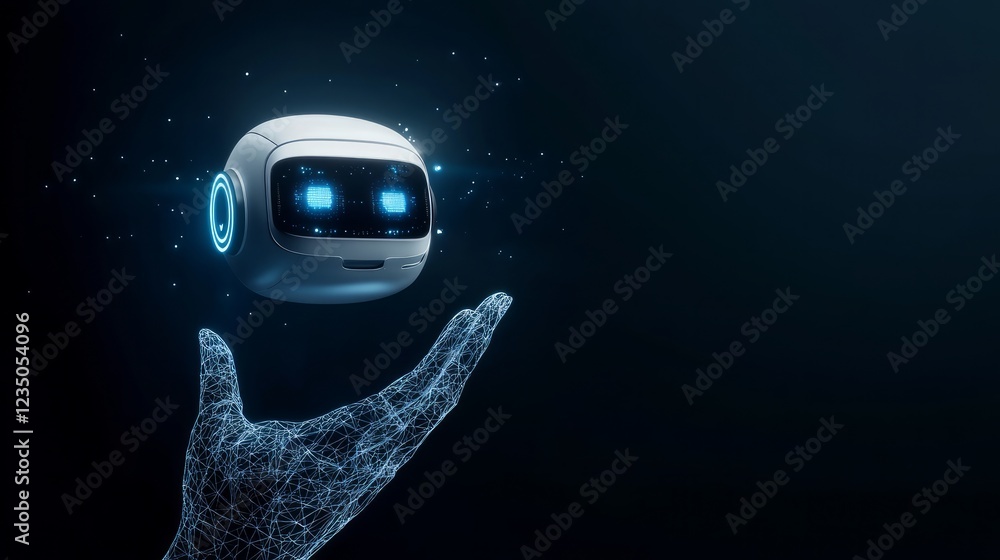 Poster a 3d abstract ai robot floats above a human wireframe hand representing a chatbot or ai assistant th