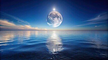 A solitary celestial orb hovers above a tranquil sea, its reflection shimmering on the water's surface, creating a surreal and ethereal landscape.
