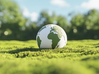 A globe with green continents sits on vibrant moss in a sunlit forest, symbolizing environmental awareness and Earth's natural beauty.