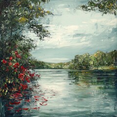 Lush riverbank with red flowers reflecting on calm water in a serene landscape during cloudy afternoon. Generative AI