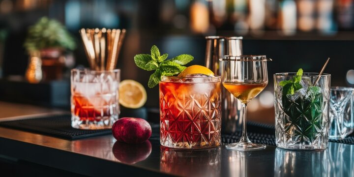 Colorful cocktails displayed on a bar counter, perfect for promoting bars, restaurants, or summer events.