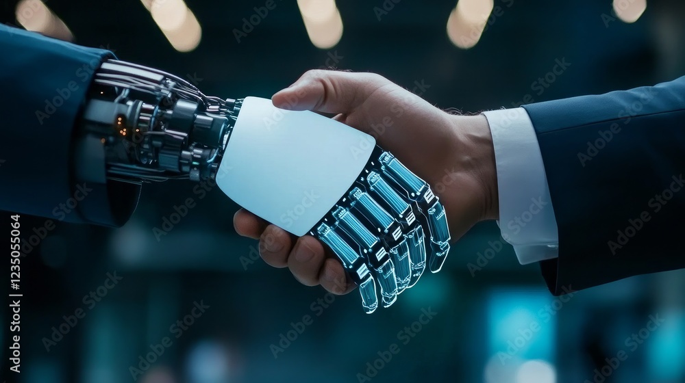 Poster a businessperson shakes hands with a digital partner set against a futuristic background reflecting 