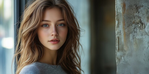 Naklejka premium A beautiful girl with Slavic appearance, featuring delicate facial features, fair skin, and traditional or modern styling. These images capture the essence of Slavic beauty.