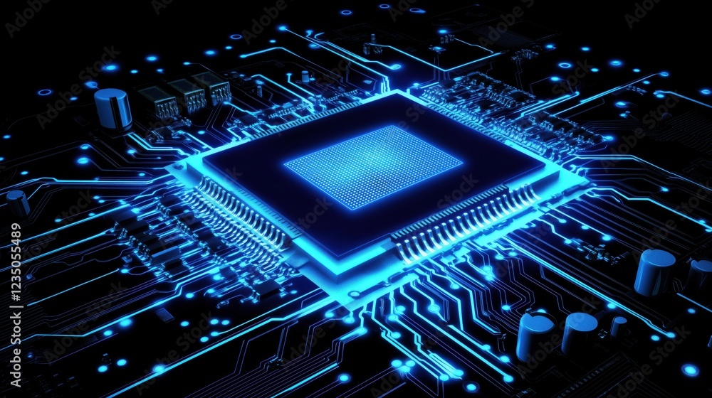Poster bright blue microchip surrounded by intricate circuitry on a dark background showcasing modern techn