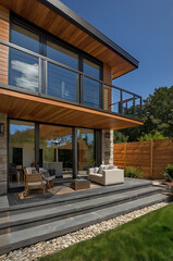 Modern House Exterior Design: Luxury Home with Balcony and Patio. Contemporary Architecture, Stunning Backyard View