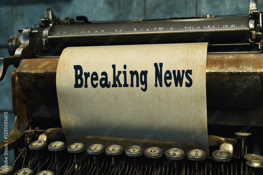 Poster vintage typewriter showcasing a blank sheet of paper with bold breaking news in an old fashioned set