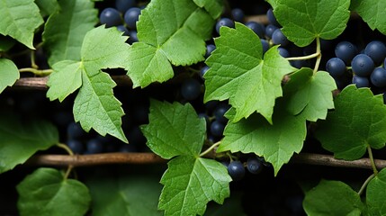 Obraz premium Close-up of Lush Green Grape Leaves and Ripe Dark Grapes