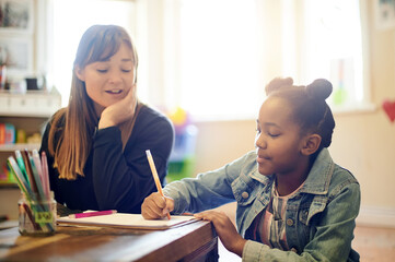 Learning, adoption and mother with black girl drawing in home for homework, writing and homeschool....