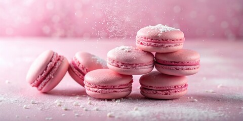 Obraz premium A delicate tower of pink macarons dusted with powdered sugar against a soft pink background.