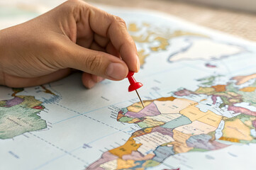 A hand places a red pushpin on a colorful world map, highlighting a specific location.