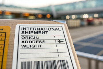 A close-up of a shipping label on a box, indicating an international shipment with fields for origin, address, and weight.