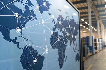 A world map with connected nodes, set in a warehouse environment, illustrating global logistics and connectivity.