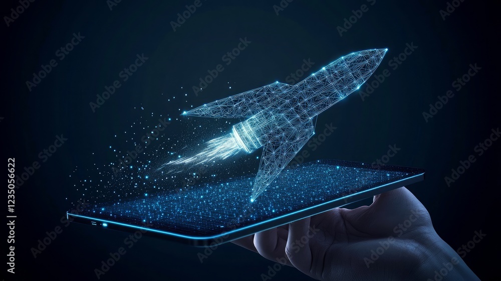 Poster a digital closeup of a human hand holding a tablet with an abstract rocket launch offering a firstpe