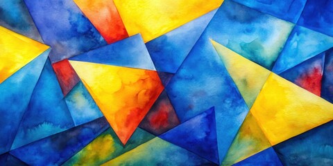 Fototapeta premium Abstract Watercolor Painting of Interlocking Triangles in Vibrant Hues of Blue, Yellow, and Red