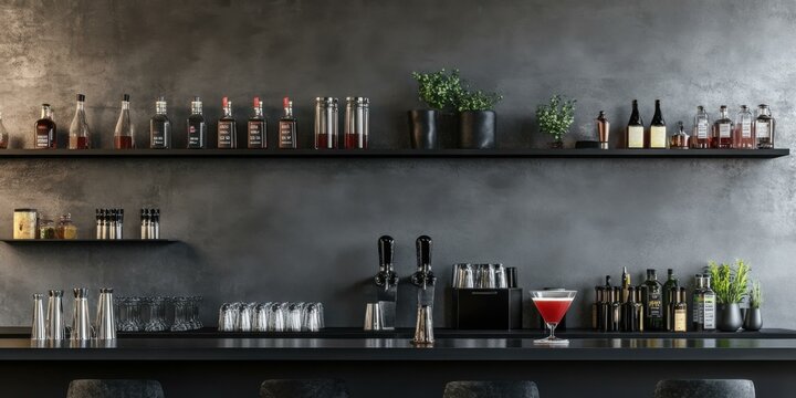 Stylish bar interior showcasing a variety of bottles and a cocktail, ideal for promoting nightlife, bars, and mixology.