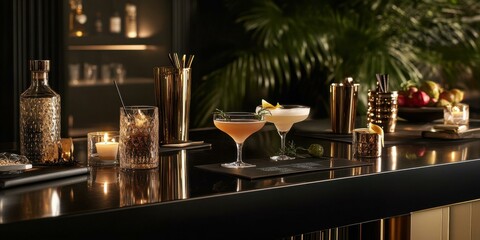 Elegant bar scene featuring cocktails, glassware, and decorative elements, suitable for promoting bars, restaurants, or cocktail recipes.