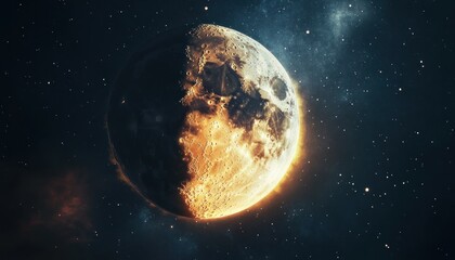 Obraz premium Celestial Half-Moon: Glowing Lunar Orb in Starry Cosmos