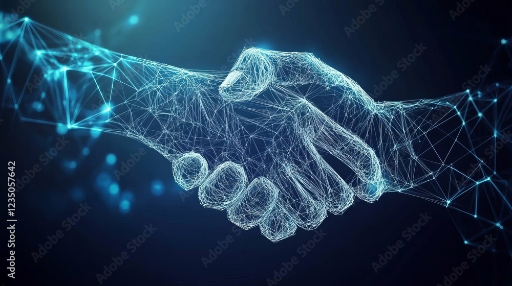 Poster a digital handshake on a blue technology background with abstract hands formed by lines connected do