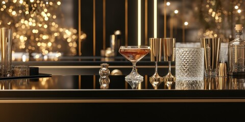 Elegant bar setup featuring various glassware and a cocktail, perfect for upscale events, celebrations, and marketing for bars or restaurants.