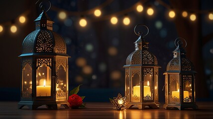 Obraz premium Mosque with minarets on the background of sunset. Concept of religion, slam,tranquility.,Ramadan Kareem greeting card with burning candles in mosque. 3D rendering