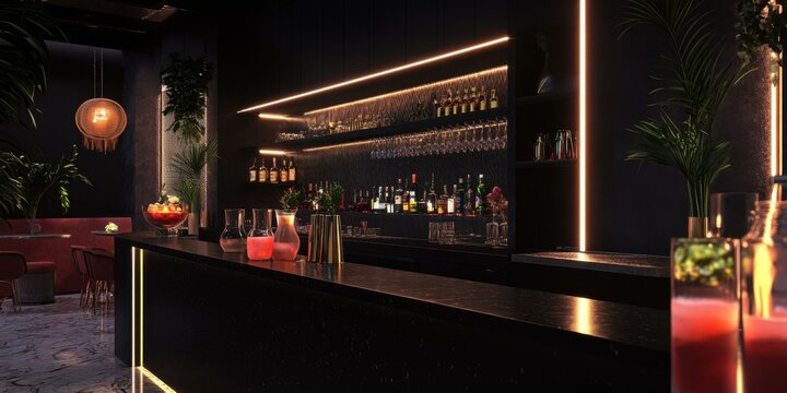 Stylish bar interior with vibrant cocktails and ambient lighting, perfect for nightlife promotions and hospitality marketing.