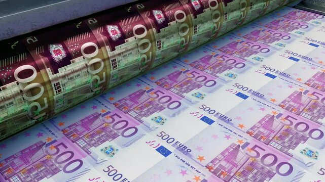 4K loop animation of Euro 500 bank note bill notes printing