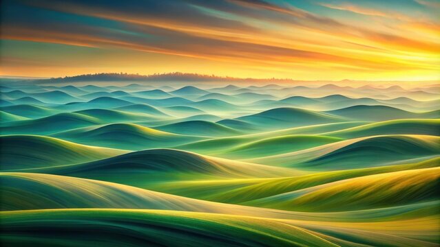 A breathtaking panorama of rolling hills, bathed in the warm glow of a golden sunrise, with delicate mists weaving through the valleys.