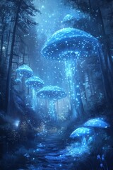 Magical glowing mushrooms illuminate a serene fantasy forest