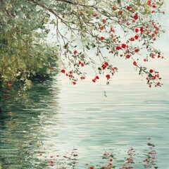 Tranquil waters with vibrant blossoms reflecting softly during a peaceful afternoon. Generative AI