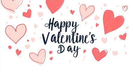 Valentines Day black handwritten typography with pink hearts isolated white background 