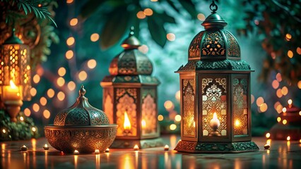 Obraz premium free new symbolizing warmth and celebration for Ramadan Kareem decoration with arabic lantern and candle on a wooden table in the garden